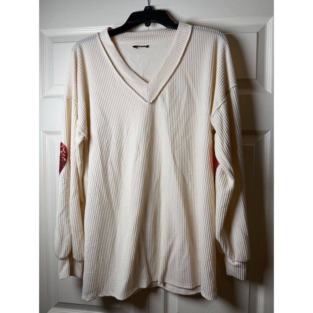 Heimish USA Womens Waffle Knit V-Neck Top Cream Red Sequin Heart Elbow Patches L